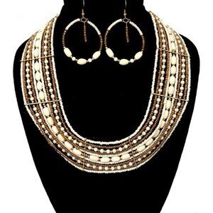 White Beaded BOHO Egyptian Native Gold Tribal Necklace Eearring Set